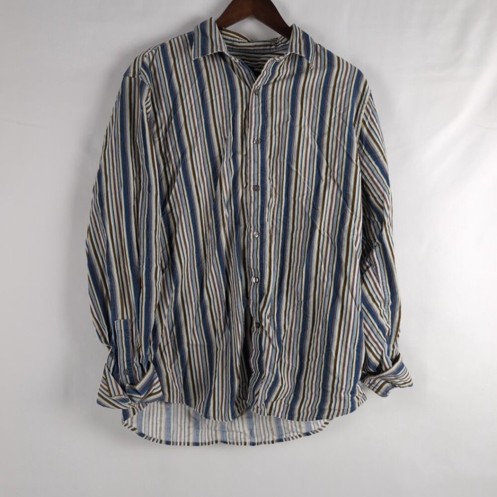 Club Monaco Men's Striped Long Sleeve Shirt Button Up Vintage Inspired, Large